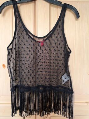 BONGO Black Sheer Mesh Crop Top with Fringe